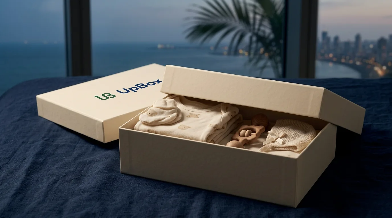 An open cream UpBox with folded baby clothing, accessories and a wooden piece on deep navy linen by the sea