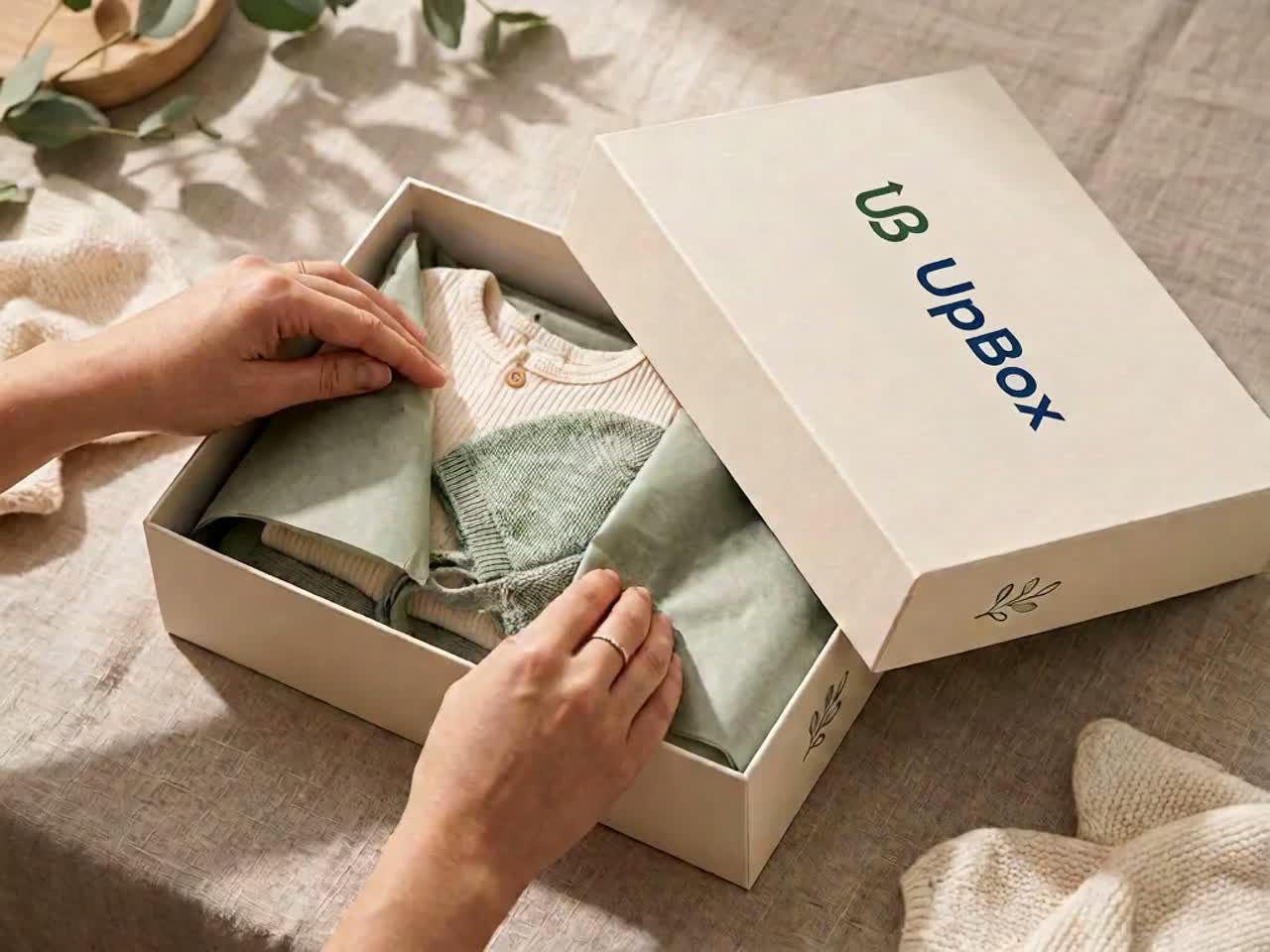Hands folding sage tissue over baby clothes inside a cream UpBox box, its branded lid open beside them