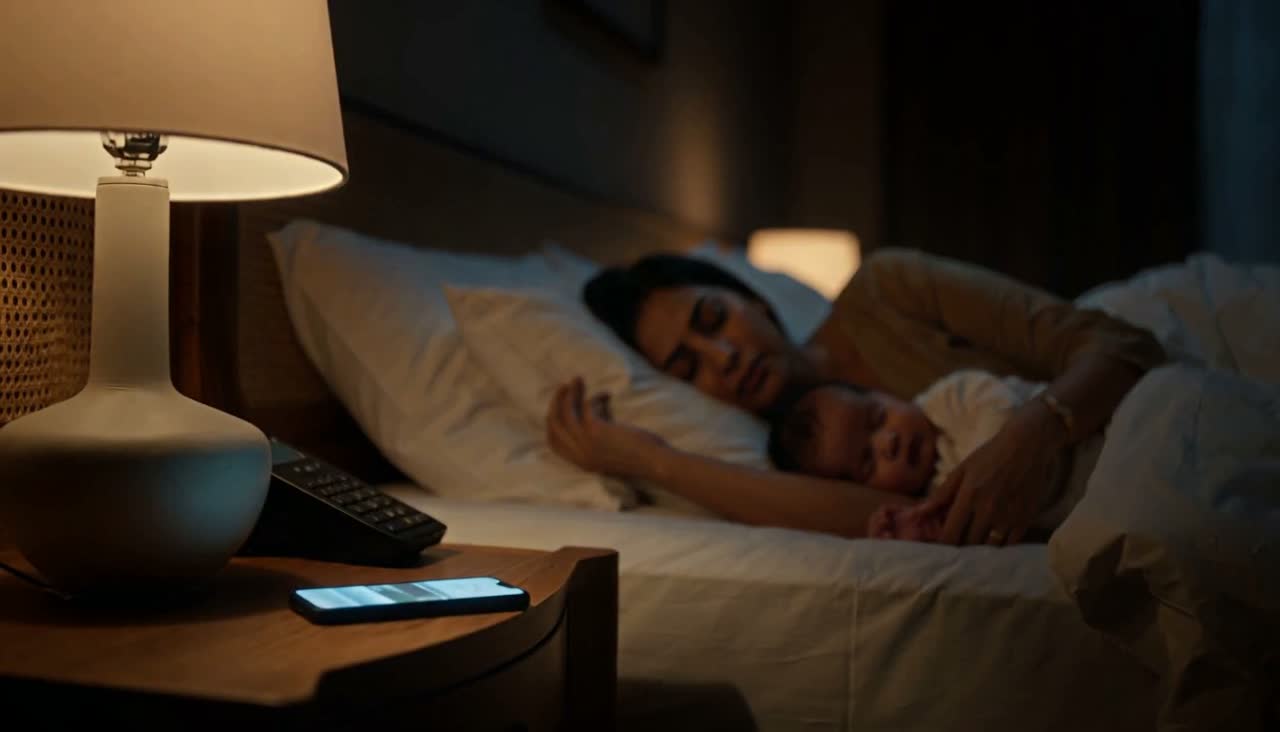 A dark bedroom at night: a parent asleep beside their baby while a phone on the bedside table quietly lights up