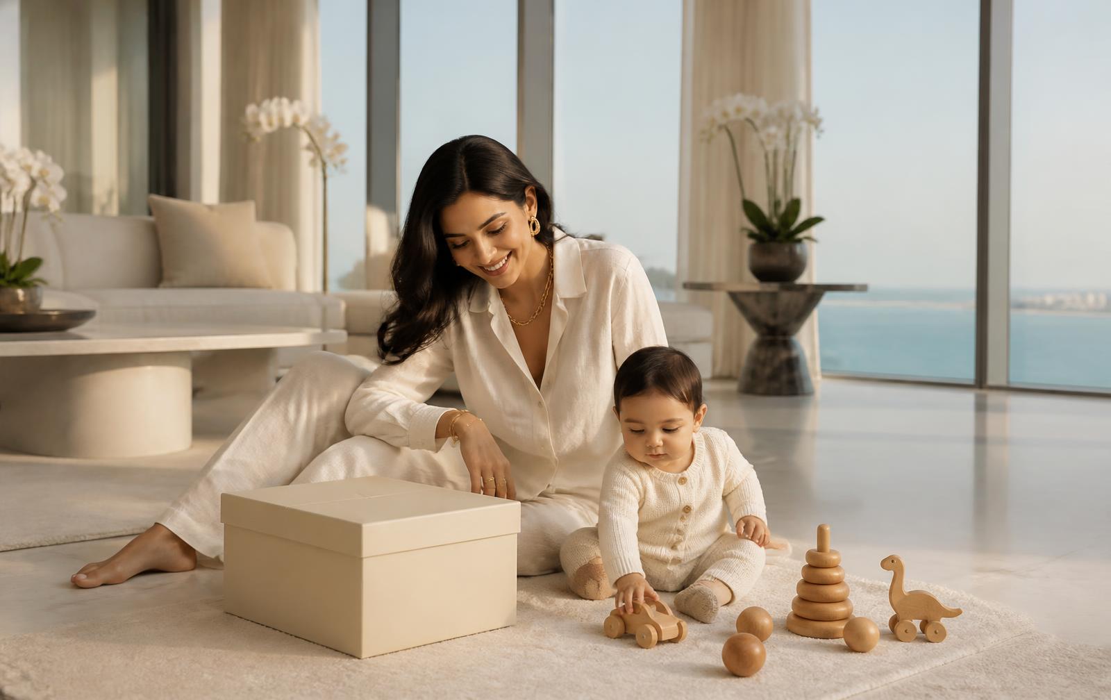 A parent holding their baby at home in soft daylight