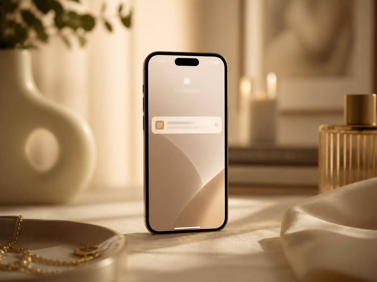 A phone resting on a cream surface at home, its screen glowing softly with one notification
