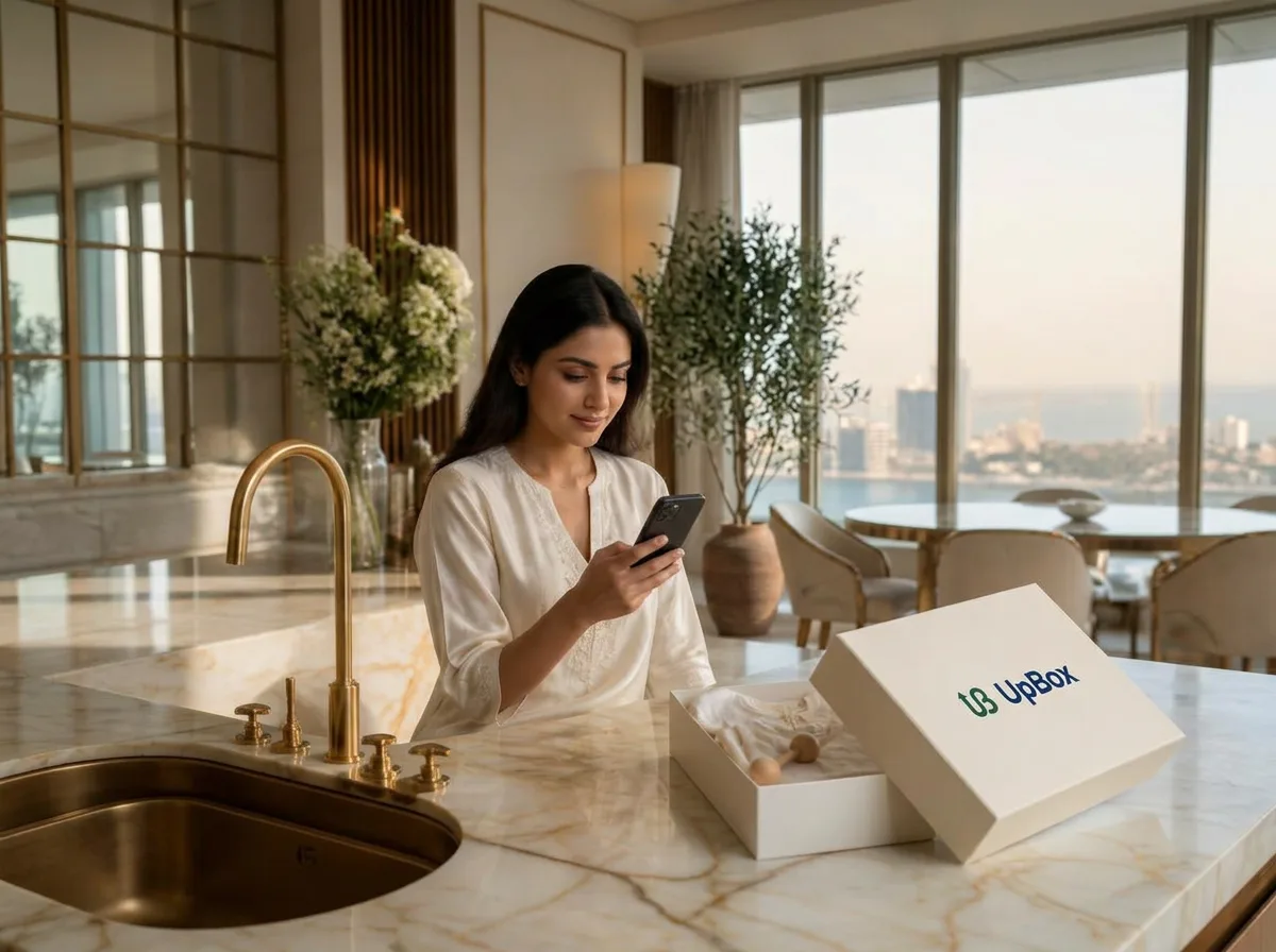A mother reading one short message beside an open branded UpBox in a sea-facing South Bombay home