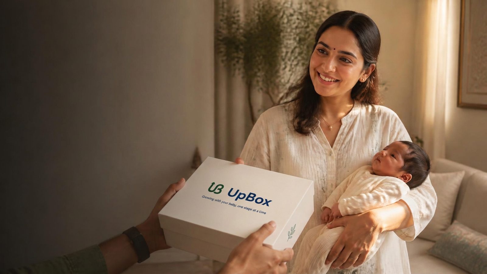 A visitor handing a cream UpBox gift box, printed with the green UB monogram and navy UpBox wordmark, to a smiling mother holding her baby