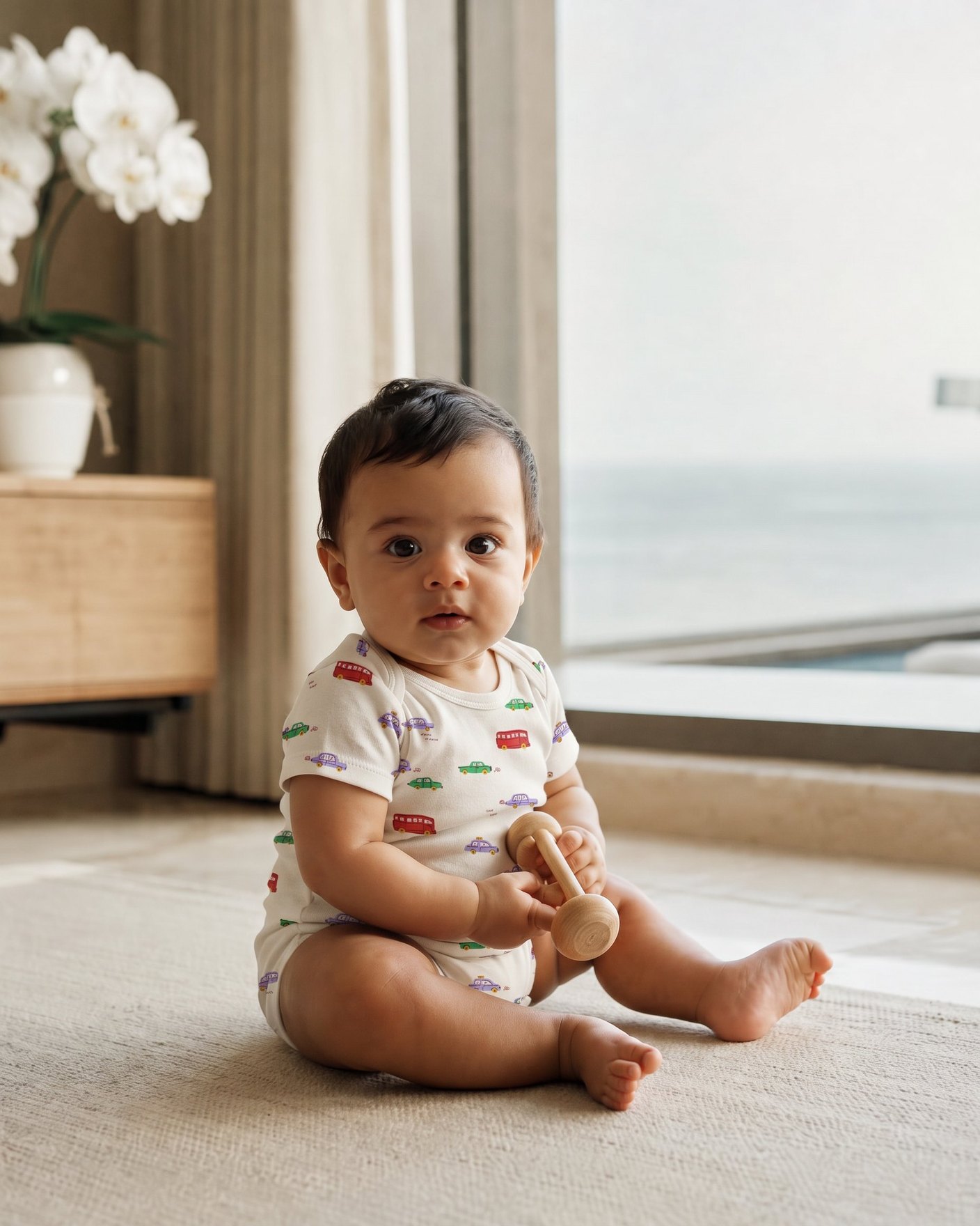 A sitting baby in a printed half-sleeve sleepsuit holding a wooden rattle in a sunlit sea-view home