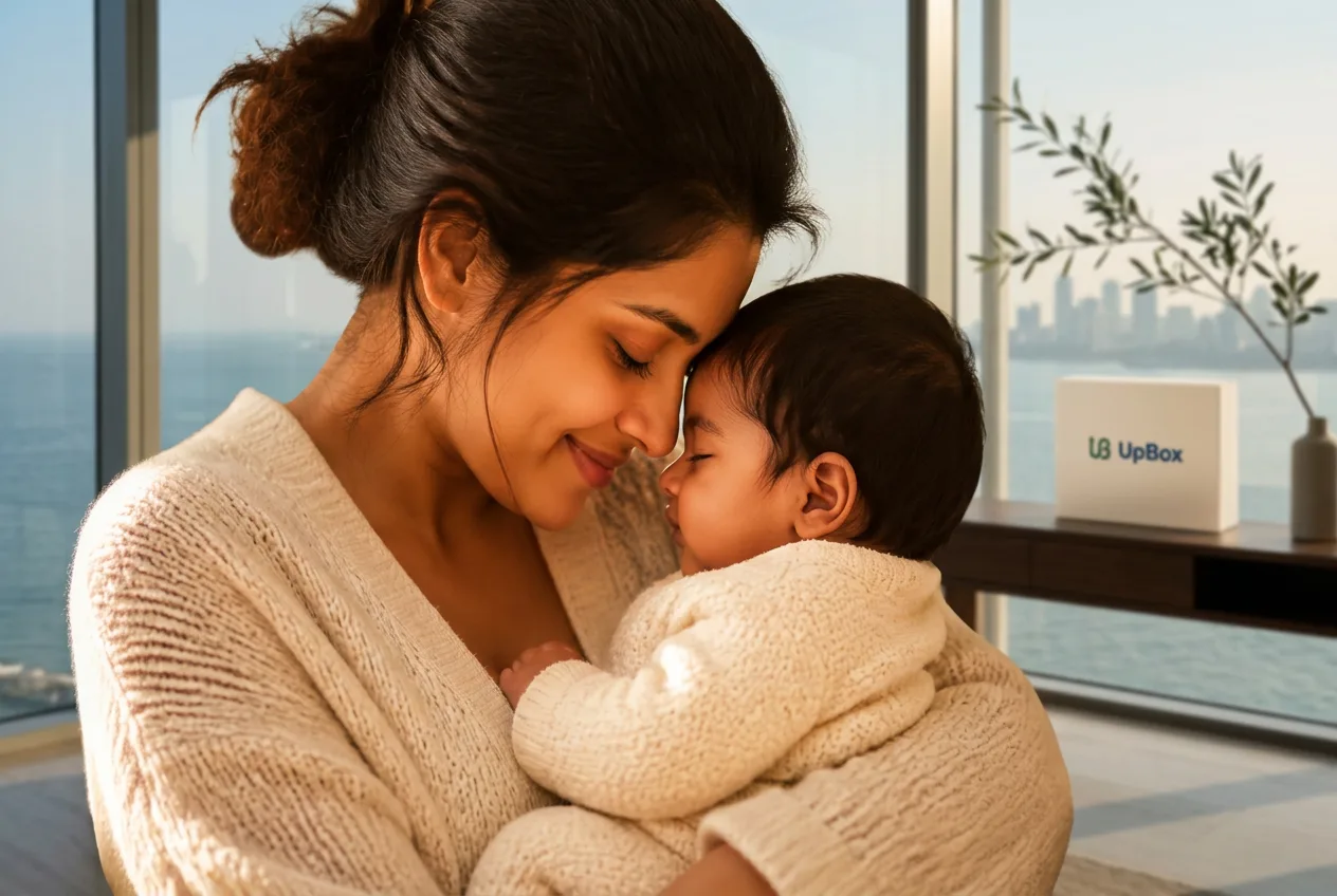 An Indian mother resting her forehead against her baby's in a sea-facing South Bombay home, with a cream UpBox behind them