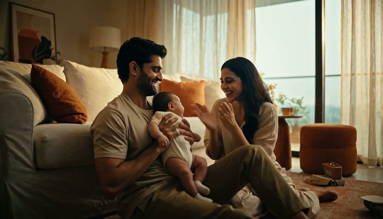 A young Indian couple in casual clothes on the living-room floor at golden hour, dad cradling their laughing baby while mom claps and smiles