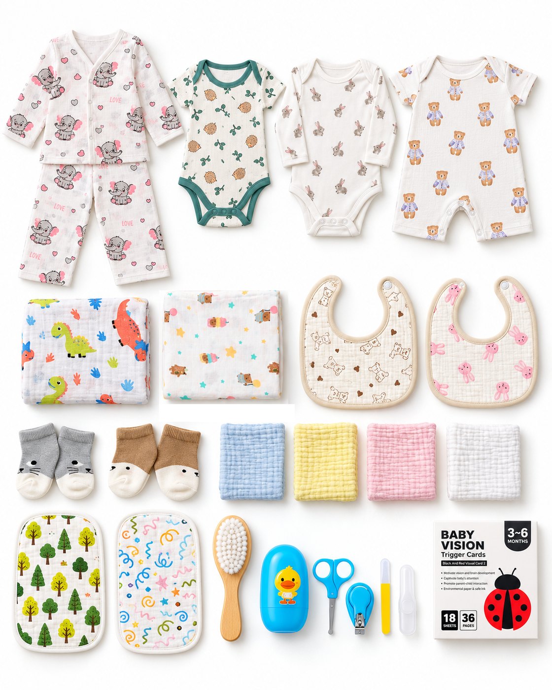 Everything inside the Standard UpBox for 3–6 months, laid out on white