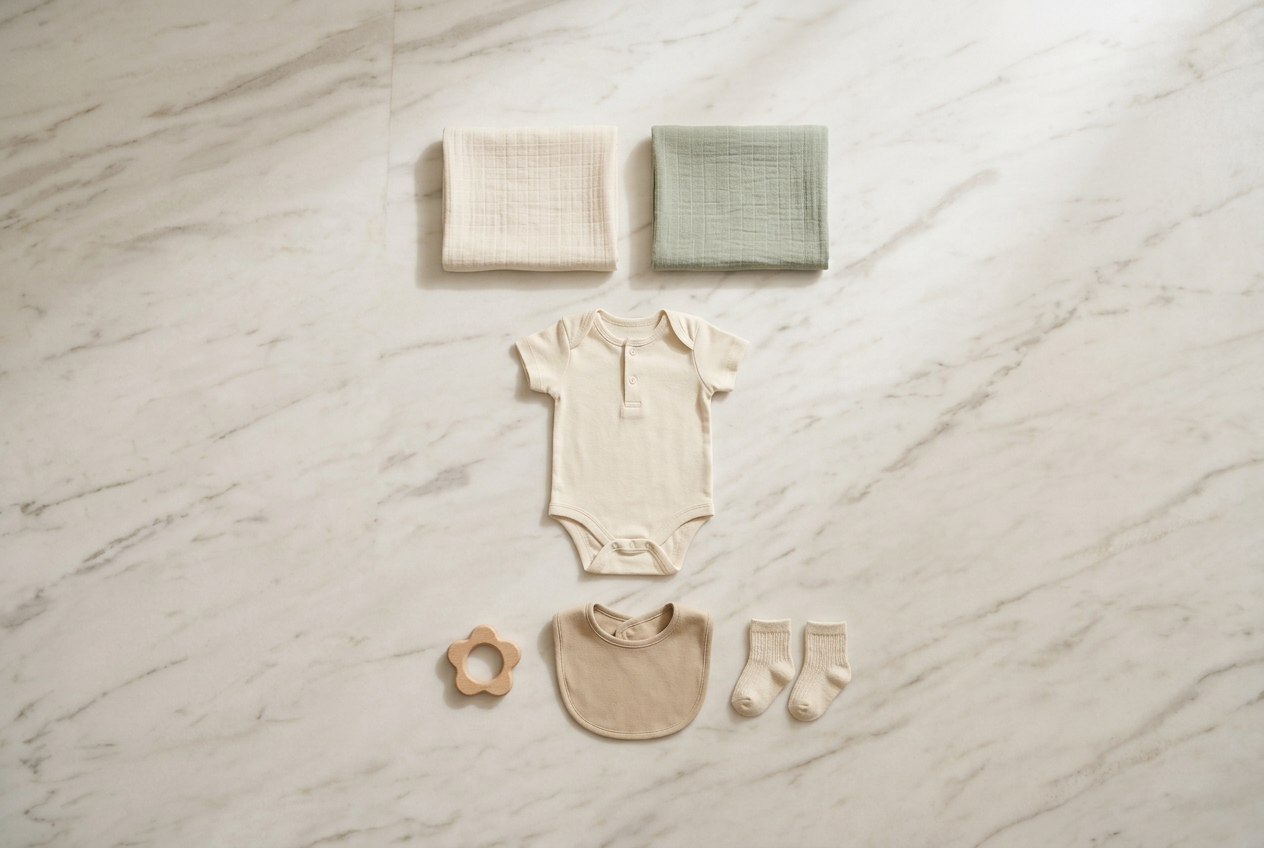 Baby essentials for one age laid out in neat rows on pale marble