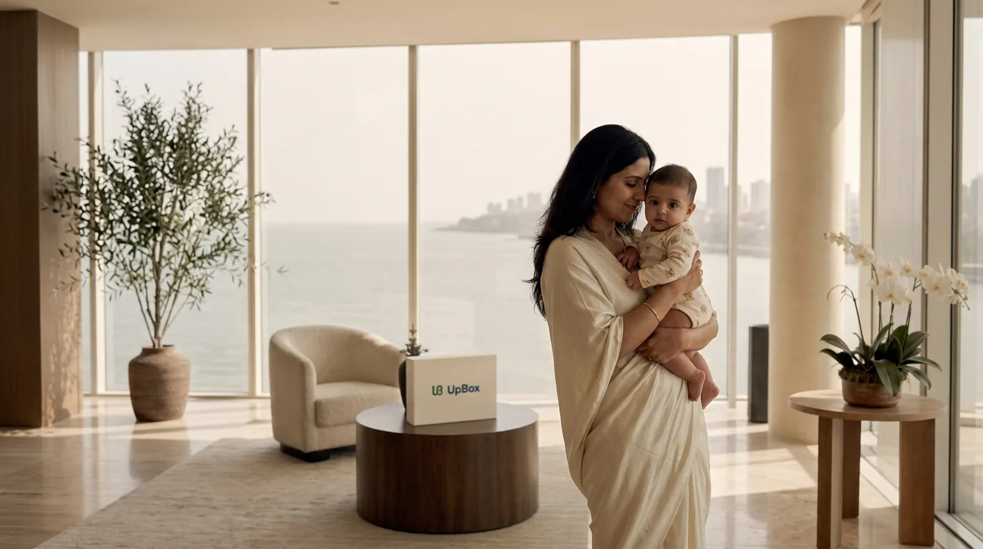 A mother in ivory silk holding her baby in a sea-facing South Bombay home, with the branded cream UpBox behind them