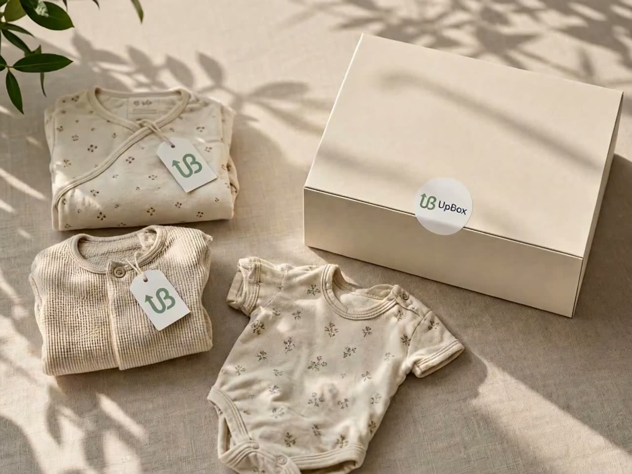 Baby outfits still tagged and too big beside a tiny outgrown onesie, next to a cream UpBox box with its UpBox sticker seal