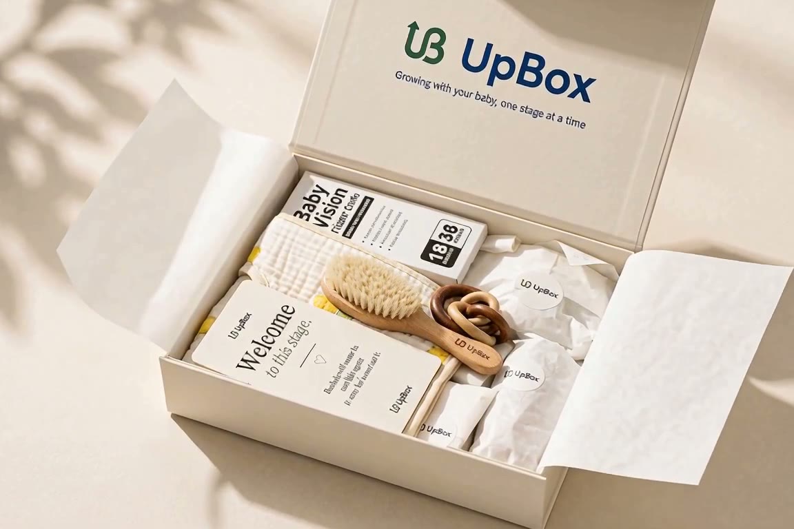 A cream UpBox with a magnetic lid opening to reveal a wooden baby hairbrush with an engraved UpBox logo, natural wooden rattle rings, a lemon-print muslin bib and a welcome card