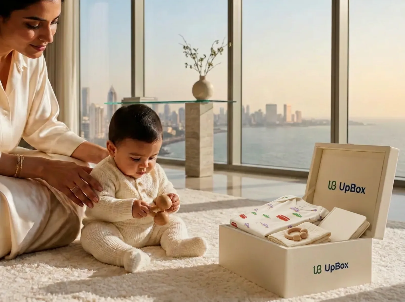 A baby playing with a wooden rattle beside an open branded UpBox holding a folded printed sleepsuit, muslin cloth, and board book, in a sea-facing South Bombay home