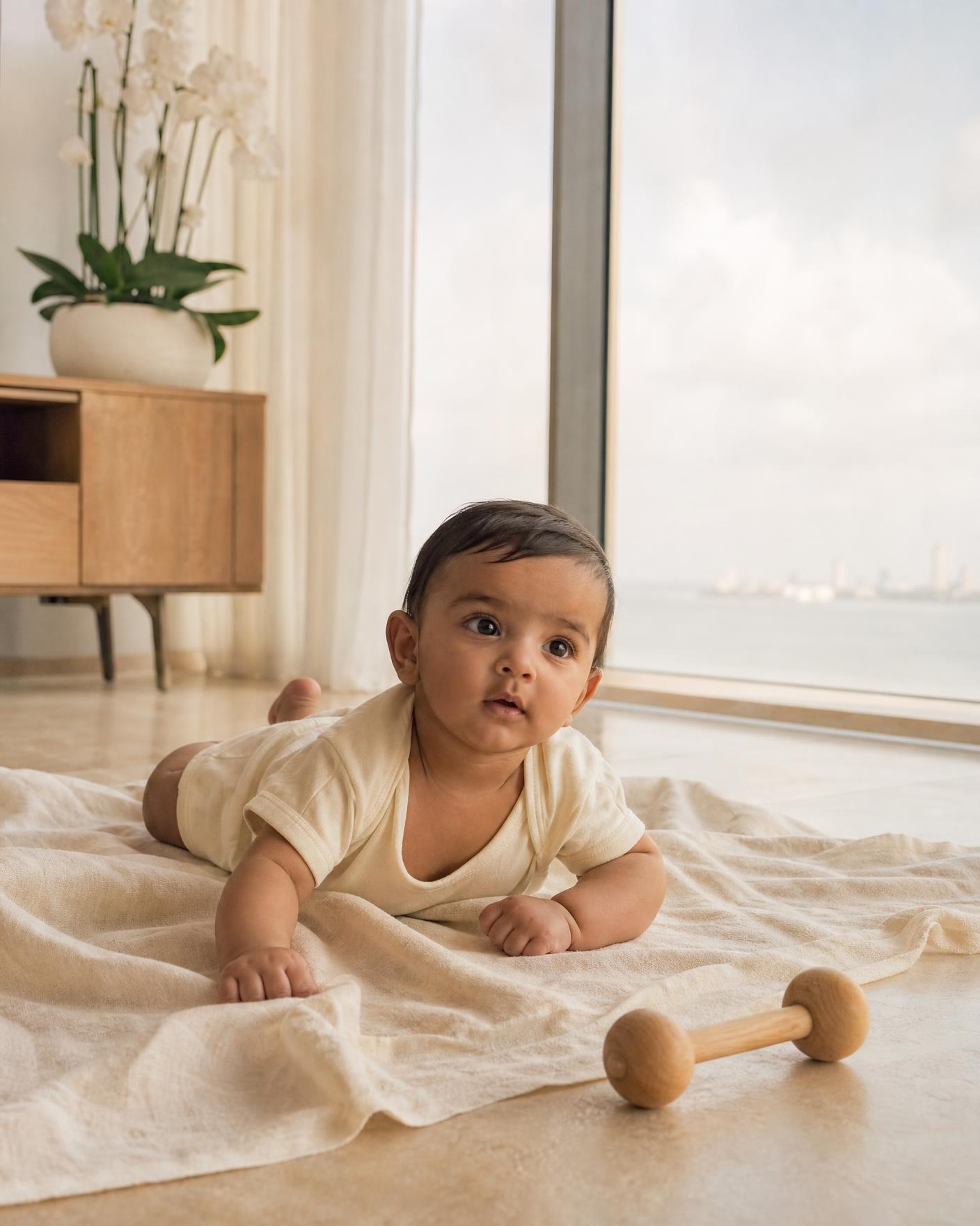 A baby reaching for a wooden rattle on an ivory rug in a sunlit sea-view home