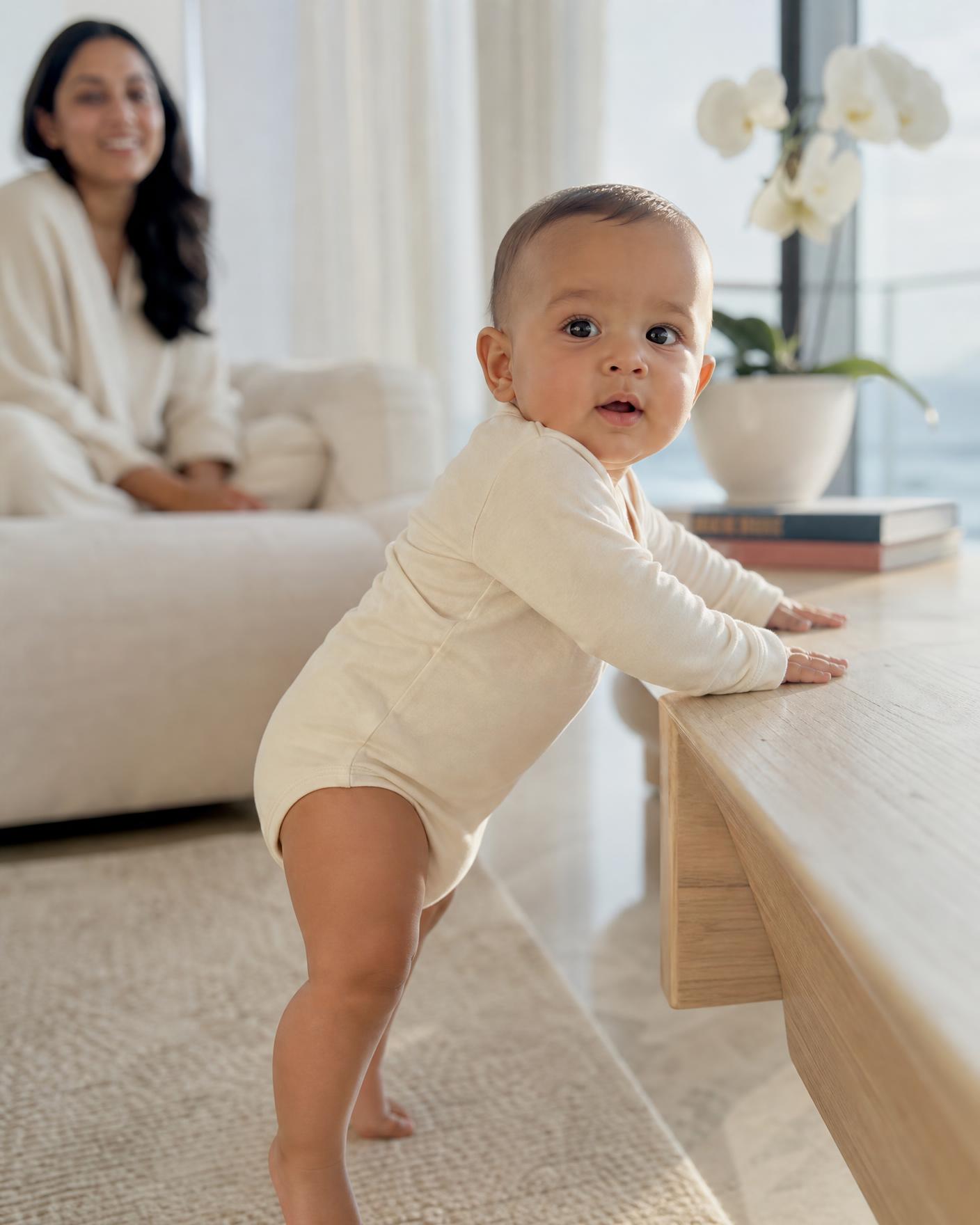 A baby crawling with a wooden pull-along toy in a sunlit sea-view home