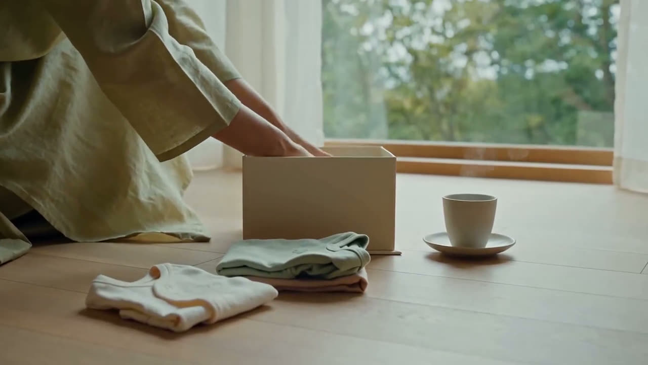 Hands folding baby clothes into a cream box, a baby reaching for a wooden toy, and the box set down at golden hour
