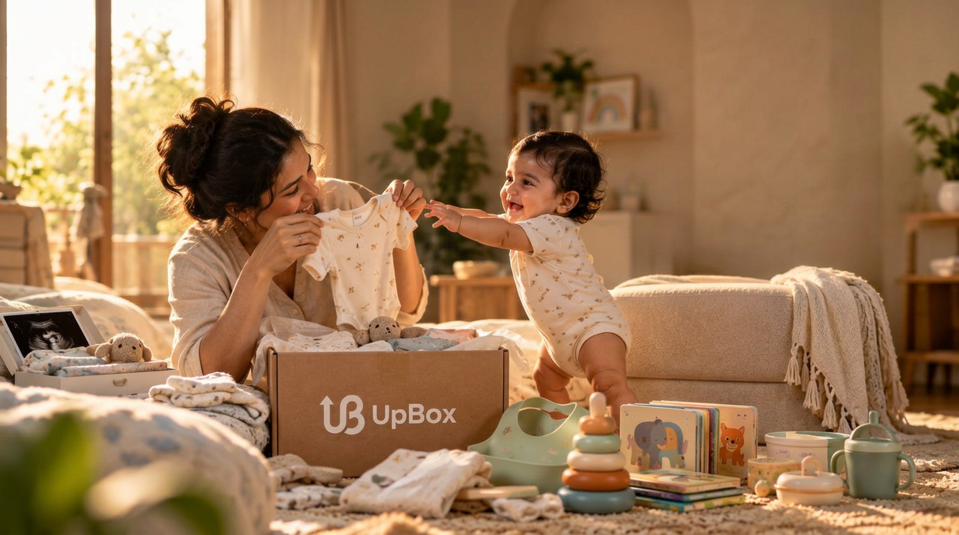 A mother laughing with her baby beside an open UpBox of cotton clothes, wooden toys and books